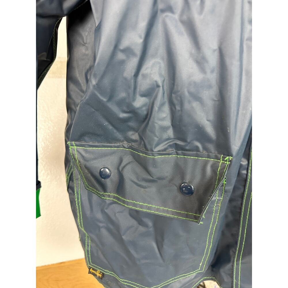 Vintage 1980s M Navy Blue Green Whales Reversible Hooded Raincoat AqueSheen - Picture 8 of 16